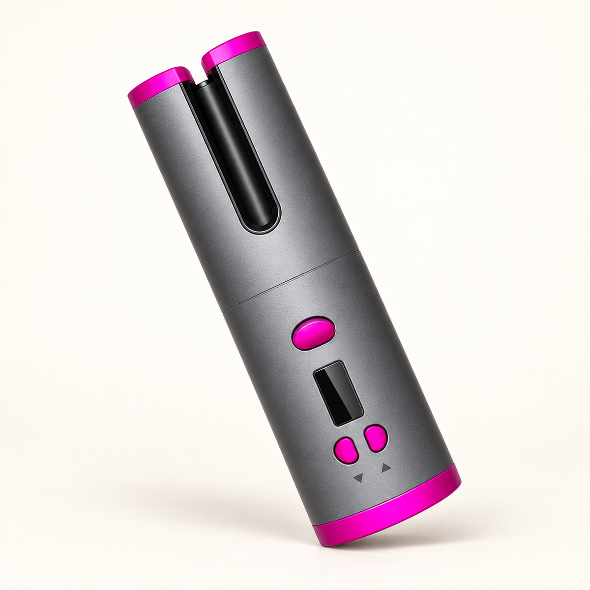 Cordless automatic hair curler on a warm ivory studio background
