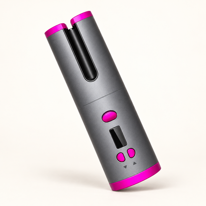 Cordless automatic hair curler on a warm ivory studio background